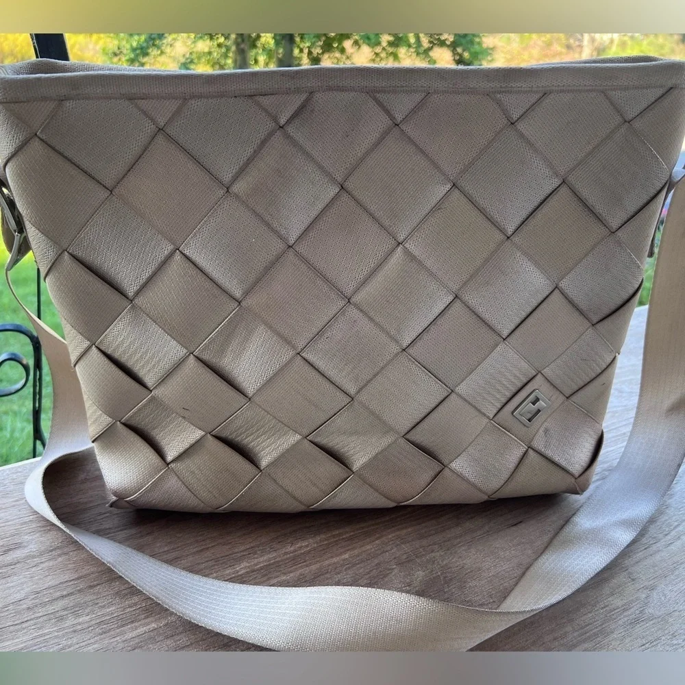 Maggie Bags Recycled Seatbelt Shoulder Bag Tan Large Crossbody Purse 15x11